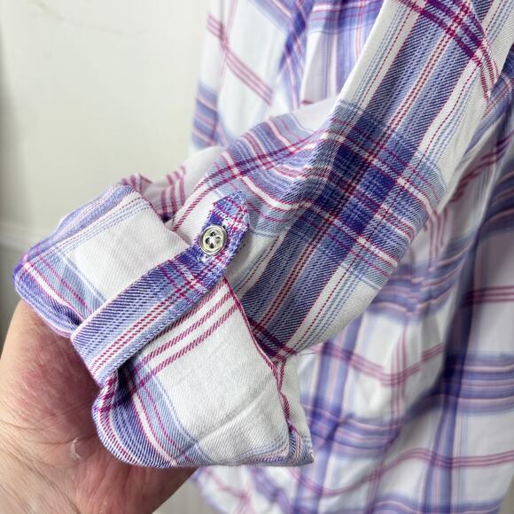 Catherines Plus Size 4X Top Plaid Button Up Roll Tab Sleeve Classic Soft Preppy - Picture 7 of 13